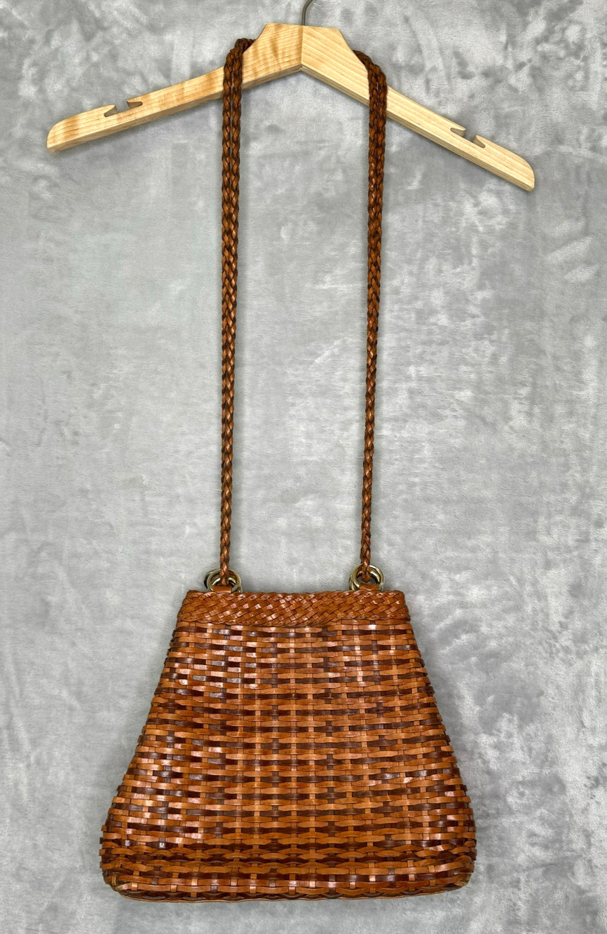 Vintage CEM Woven Leather Handbag Bucket Basket Weave Magnetic Snap Boho 80s 90s